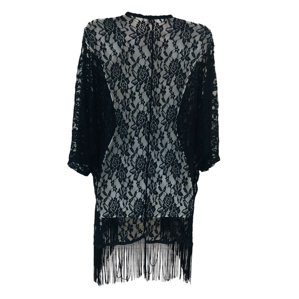 Black Lace Fringe Kimono Cardigan Whimsigoth Witchy Boho Ethereal Goth Size L - Picture 3 of 10